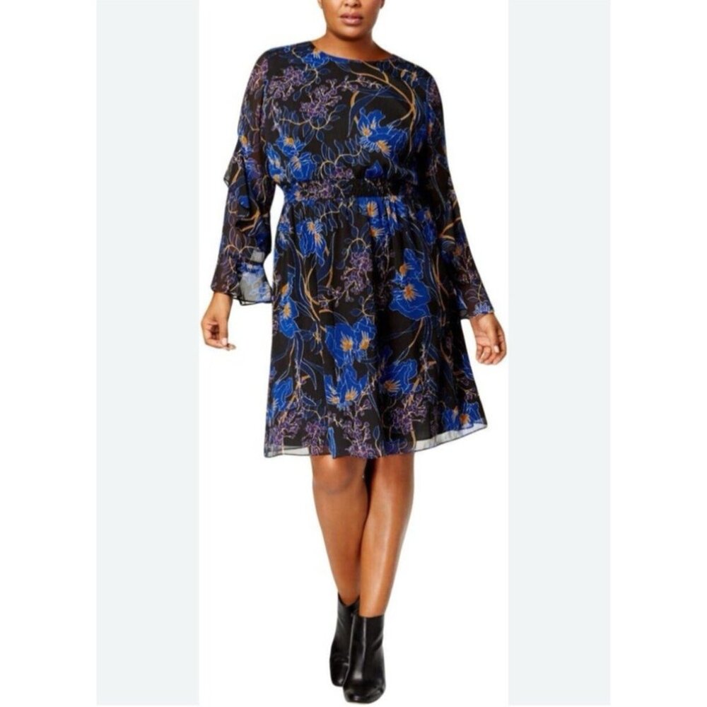 INC Midi Dress 1X Black Blue Gold 3/4 Flutter Sleeve Career Party Washable NEW